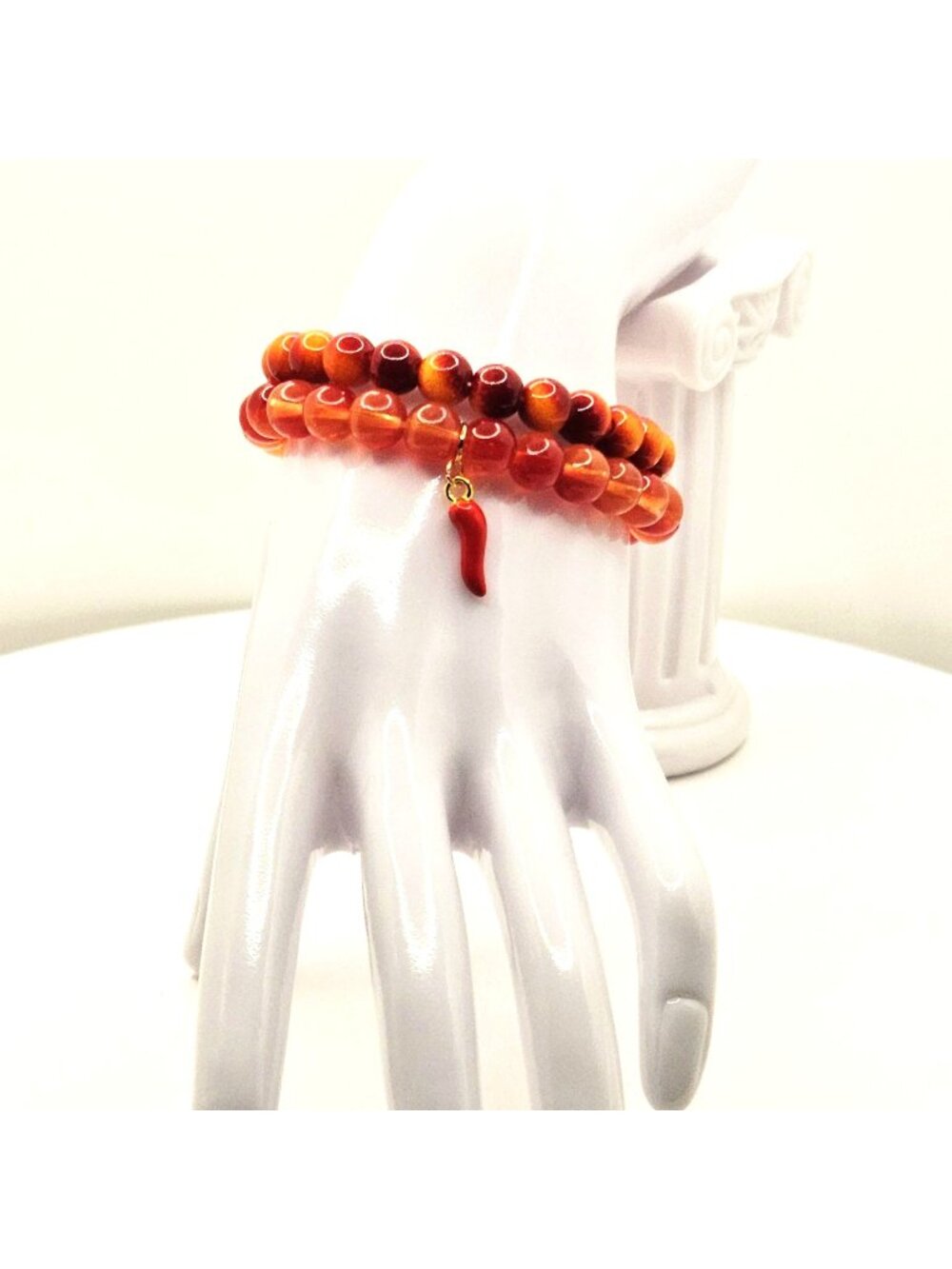 Orange Chili Pepper Bracelet Stack, Red Beaded Bracelet Set, Color Pop Jewelry,